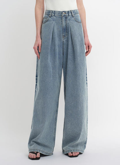 Soft Tencel Cotton Light Structure Pleated Loose Straight Wide Leg Jeans for Women