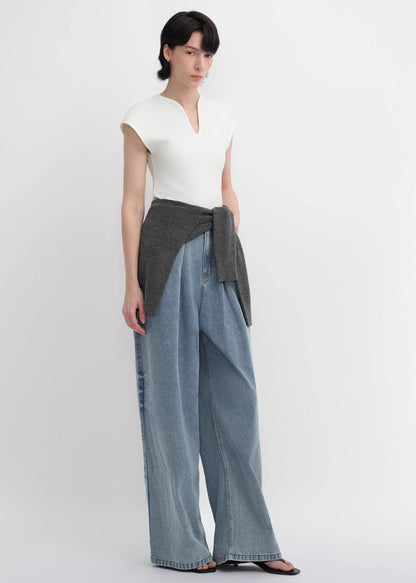 Soft Tencel Cotton Light Structure Pleated Loose Straight Wide Leg Jeans for Women