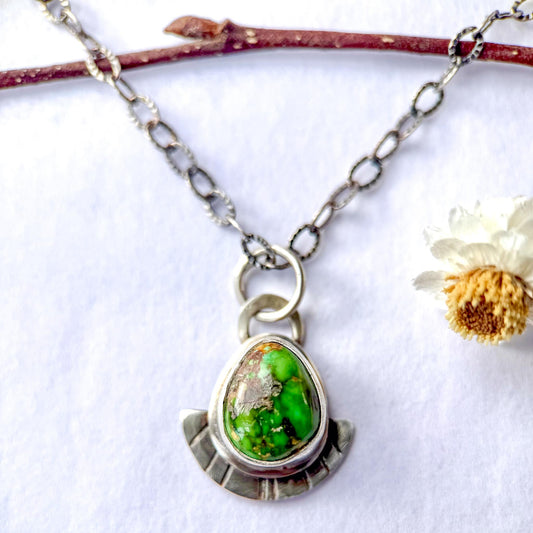 Sonoran Gold Turquoise Necklace in Sterling Silver | Small Green Teardrop Pendant