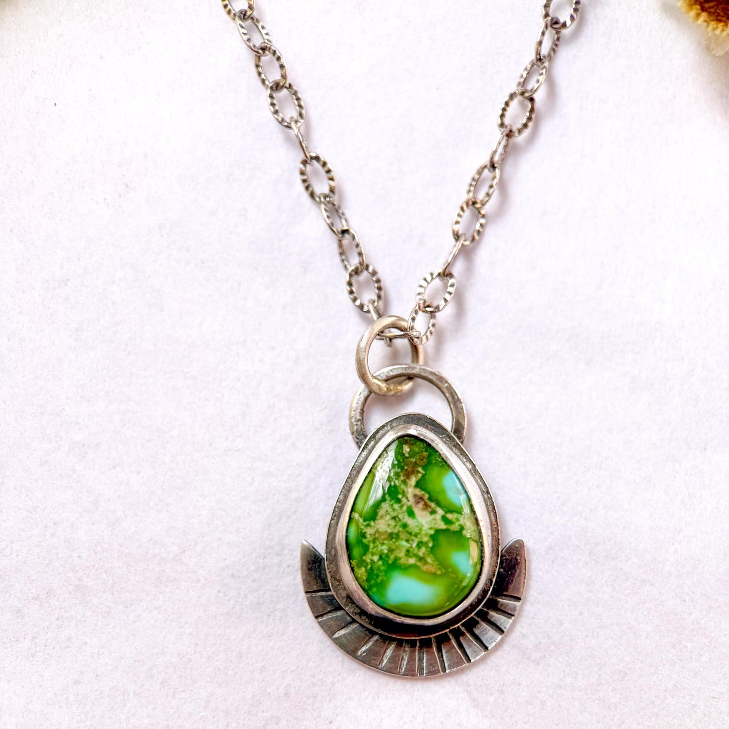 Sonoran Gold Turquoise Necklace in Sterling Silver | Green Teardrop Pendant
