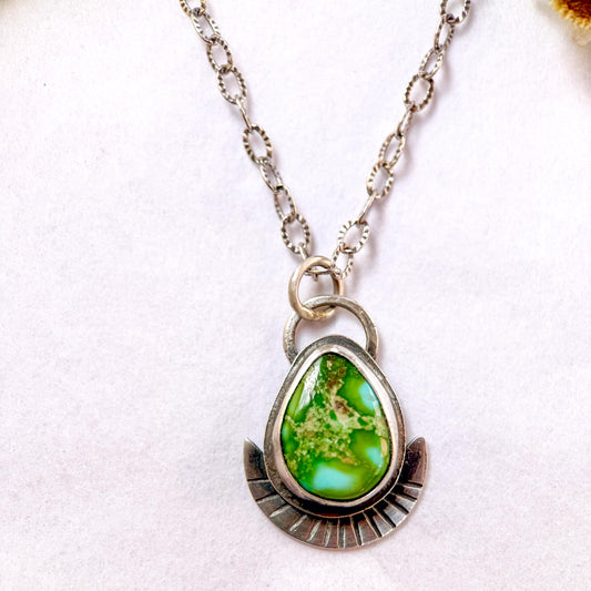 Sonoran Gold Turquoise Necklace in Sterling Silver | Green Teardrop Pendant