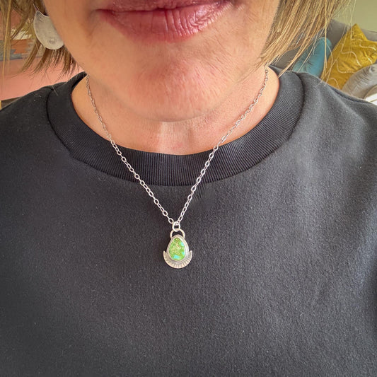 Sonoran Gold Turquoise Necklace in Sterling Silver | Green Teardrop Pendant
