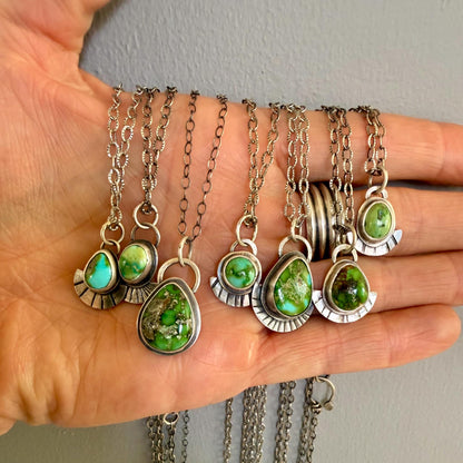 Sonoran Gold Turquoise Necklace in Sterling Silver | Small Green Teardrop Pendant