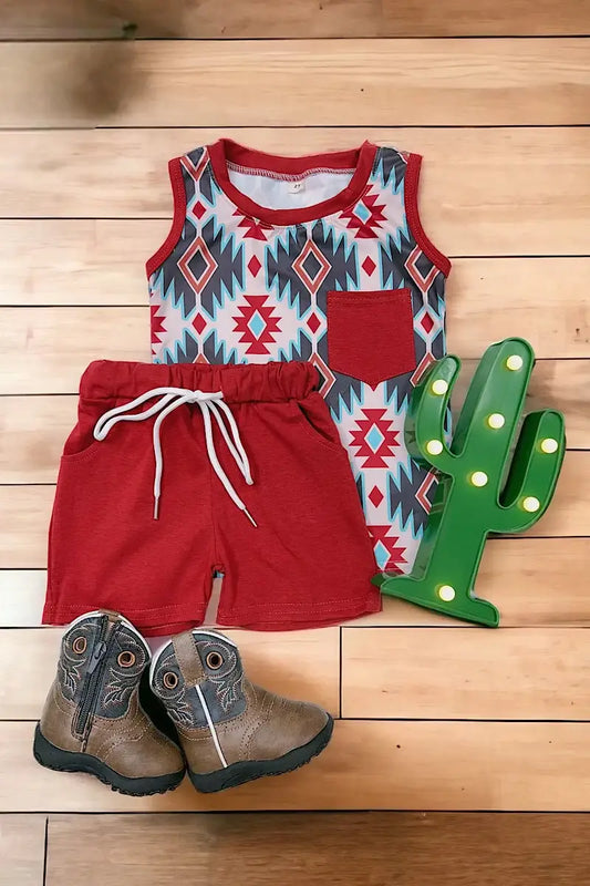 Burgundy Aztec Tank & Shorts Set – Bold, Cool, and Ready for Summer