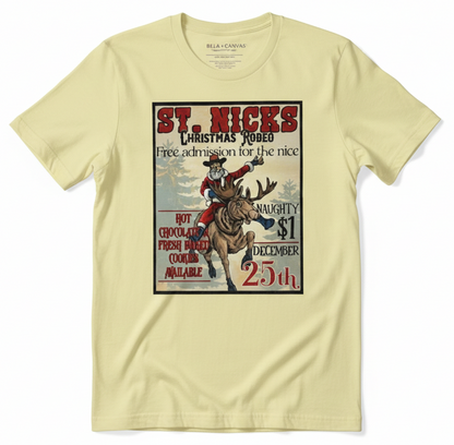 St. Nick’s Christmas Rodeo Graphic Tee | Vintage Santa Reindeer T-Shirt | Retro Cowboy Christmas Apparel | Western Holiday Graphic Top