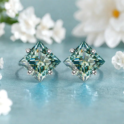 Sterling Silver 925 Green Princess Cut Moissanite Stud Earrings For Women