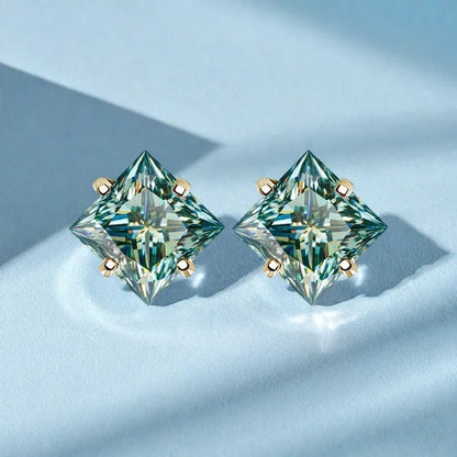 Sterling Silver 925 Green Princess Cut Moissanite Stud Earrings For Women