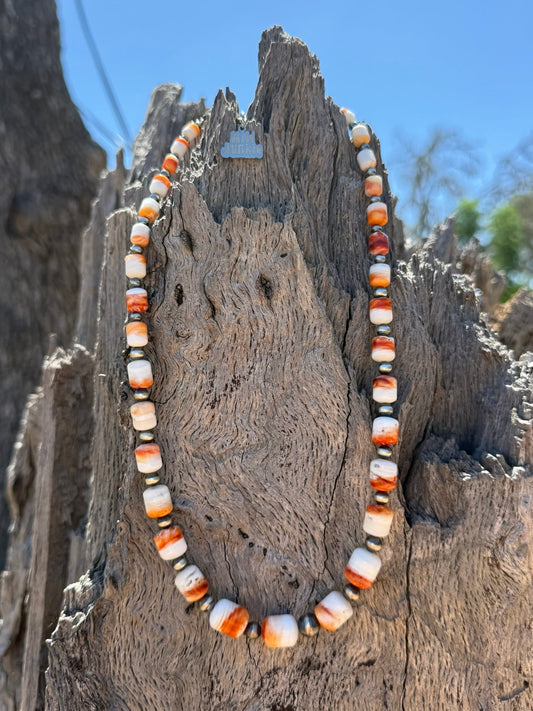 Sterling Silver Graduated Spiny Oyster Barrel Beaded Necklace