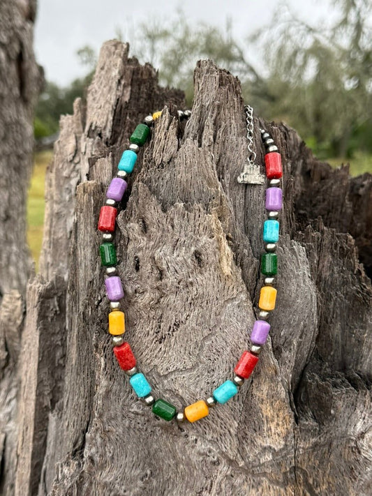 Sterling Silver Painted Desert Barrel Bead Necklace