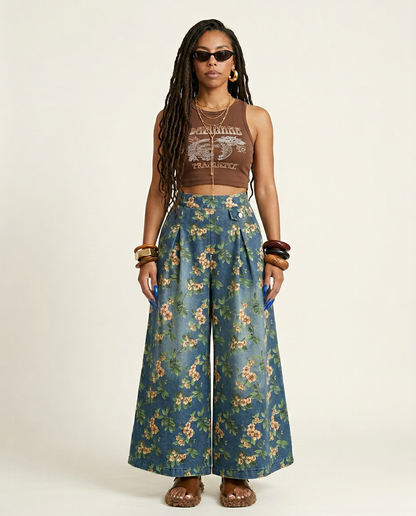 Free Spirit Floral Print Wide-Leg Jeans