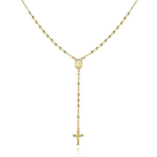 Unisex 14K Gold Virgin Mary Rosary Bead Cross Necklace 18''