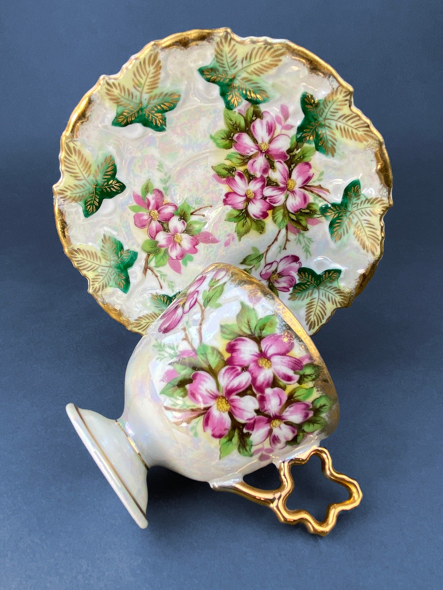 Vintage Metasco Tea Cup and Saucer, Cherry Blossom Iridescent Set