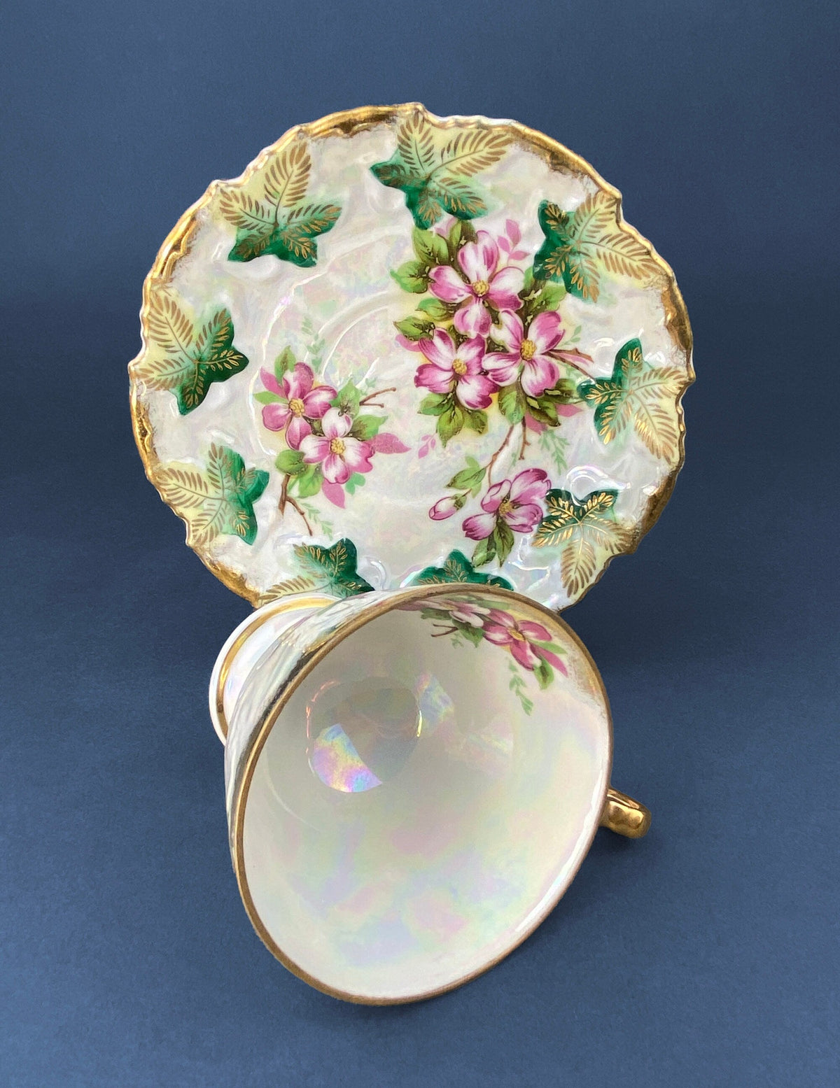 Vintage Metasco Tea Cup and Saucer, Cherry Blossom Iridescent Set