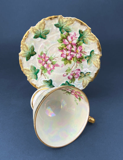 Vintage Metasco Tea Cup and Saucer, Cherry Blossom Iridescent Set