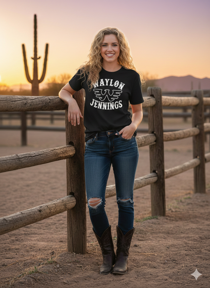 Waylon Jennings Outlaw Country Western Graphic Tee - Bella + Canvas 3001 Black Western Graphic Tee