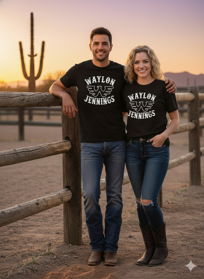 Waylon Jennings Outlaw Country Western Graphic Tee - Bella + Canvas 3001 Black Western Graphic Tee