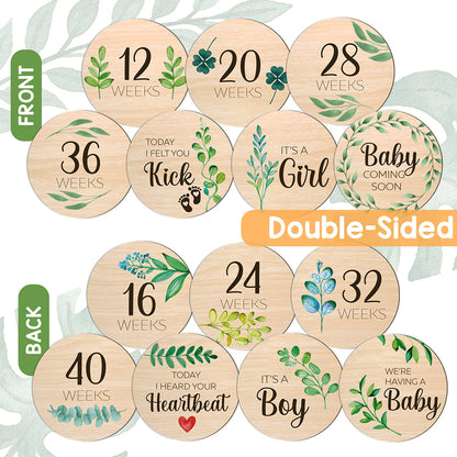 Wooden Pregnancy Milestone Cards - Green Leaves