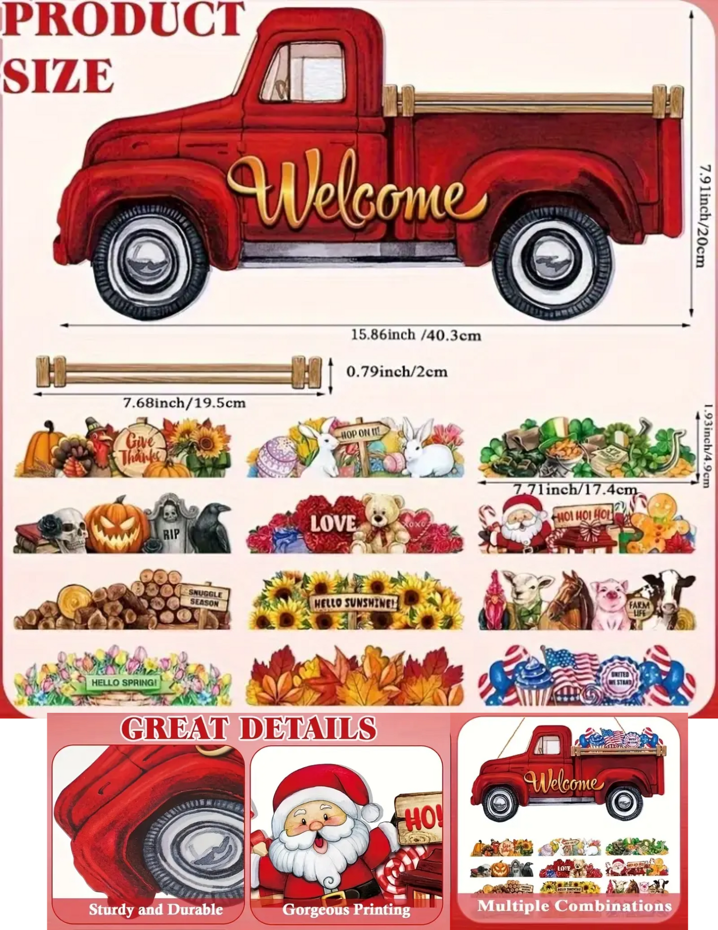Red Truck Welcome Sign Door Hanger – 13pcs Interchangeable Wooden Farmhouse Porch Decorations with 12 Holiday Icons