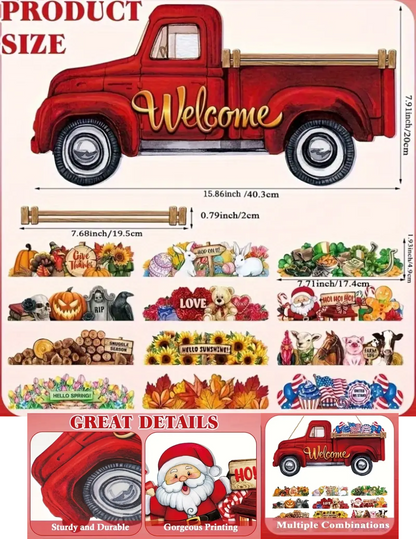 Red Truck Welcome Sign Door Hanger – 13pcs Interchangeable Wooden Farmhouse Porch Decorations with 12 Holiday Icons