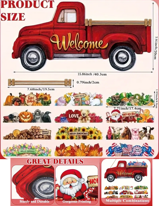 Red Truck Welcome Sign Door Hanger – 13pcs Interchangeable Wooden Farmhouse Porch Decorations with 12 Holiday Icons