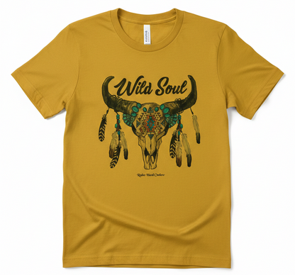 Wild Soul Mustard Bull Skull Graphic Tee | Boho Western Turquoise & Feather T-Shirt | Premium Cowgirl Style Mustard Yellow Top