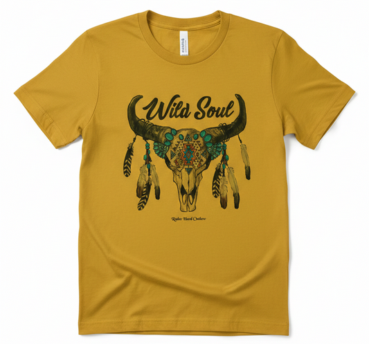 Wild Soul Mustard Bull Skull Graphic Tee | Boho Western Turquoise & Feather T-Shirt | Premium Cowgirl Style Mustard Yellow Top